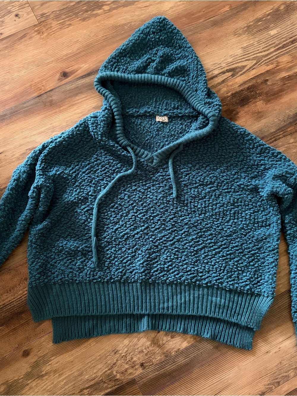 POL Teal Bouclé Hooded Pullover Sweater